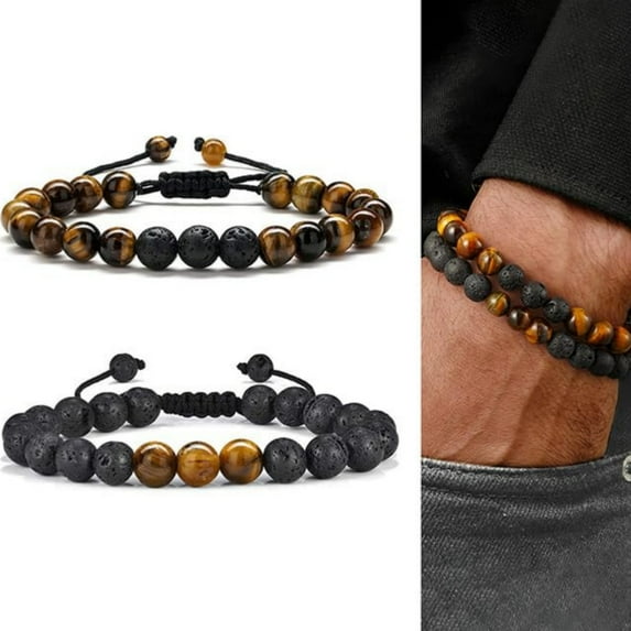 Turandoss Natural Tiger Eye Rope Bracelets for Men Layered Black Lava Rock Stone Chakra Adjustable Aromatherapy Essential Oil Diffuser Healing Jewelry Fathers Day Birthday Gifts for Men Boys
