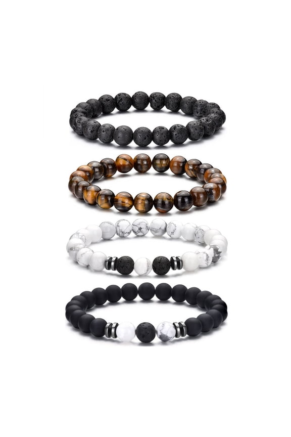 Tiger Eye Bracelet For Men 8MM Natural Stone Beads Bracelet Set Stretch Adjustable Lava Rock Bracelets Black Crystal Beaded Bracelet for Men Women Halloween Christmas Jewelry Gift