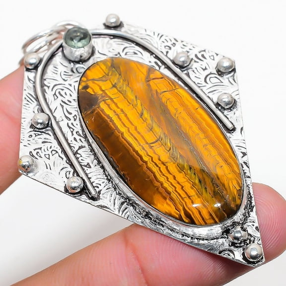 Natural Tiger Eye, Citrine Gemstone 925 Sterling Silver Pendant 3.03"