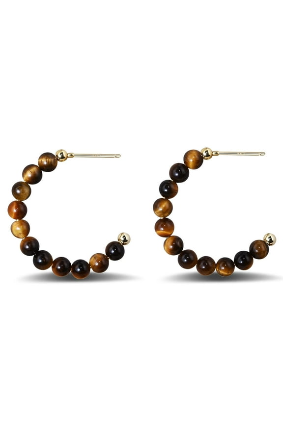 Tiger Eye Earrings 14K Gold Plated Hoop Earrings Brown Gemstone Stud Earrings for Women Trendy Tiger Eye Jewelry for Gift