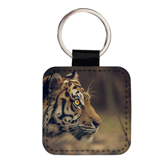Tiger Eye Face Side View Faux Leather Square Keychain