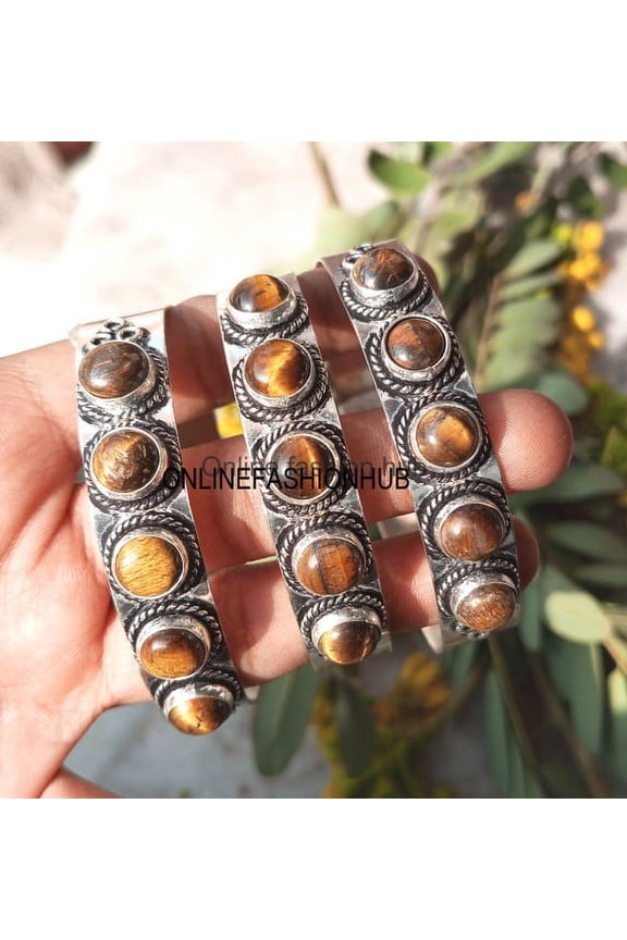 Tiger Eye Gemstone 925 Sterling Silver Plated HandmadeBangle 10 pcs