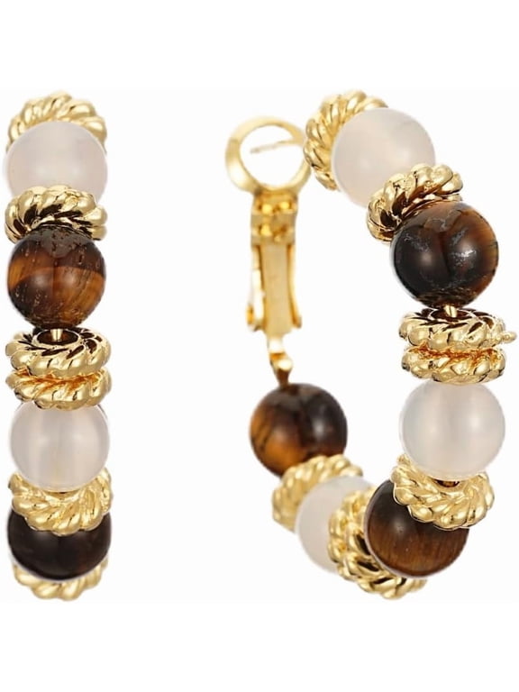 Tiger Eye Gemstone Earrings 14k Gold Plated Gold Hoop Earrings for Women White Agate Earring Fashion Jewelry Gift