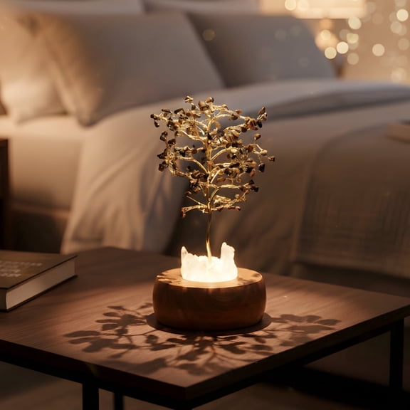 Tiger Eye Handcrafted Wish Tree Lamp with Wooden Base - 10 Inch