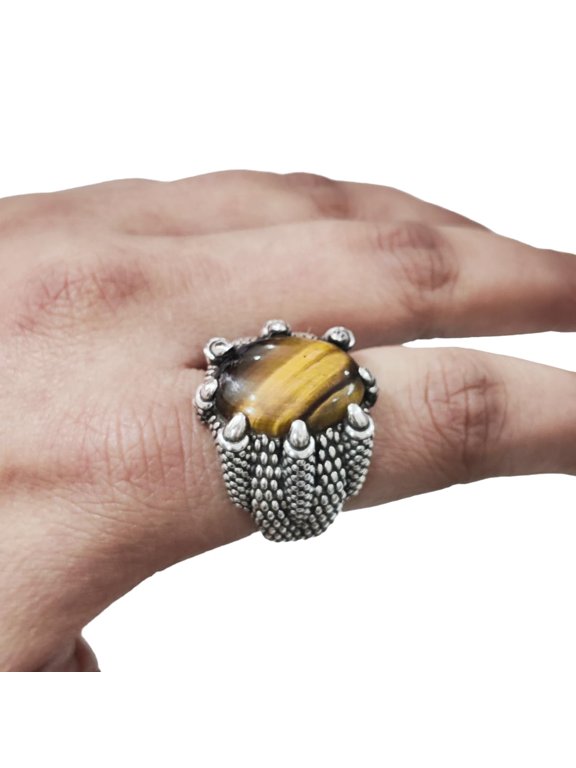 Tiger Eye Mans Ring, Natural Tiger Eye Ring, Tiger's Eye Eagle Claw Ring, Silver Jewelry, 925 Silver, Birthday Gift, Heavy Ring, Arabic Design, Ottoman Style Ring, Christmas, Mens Signet Ring