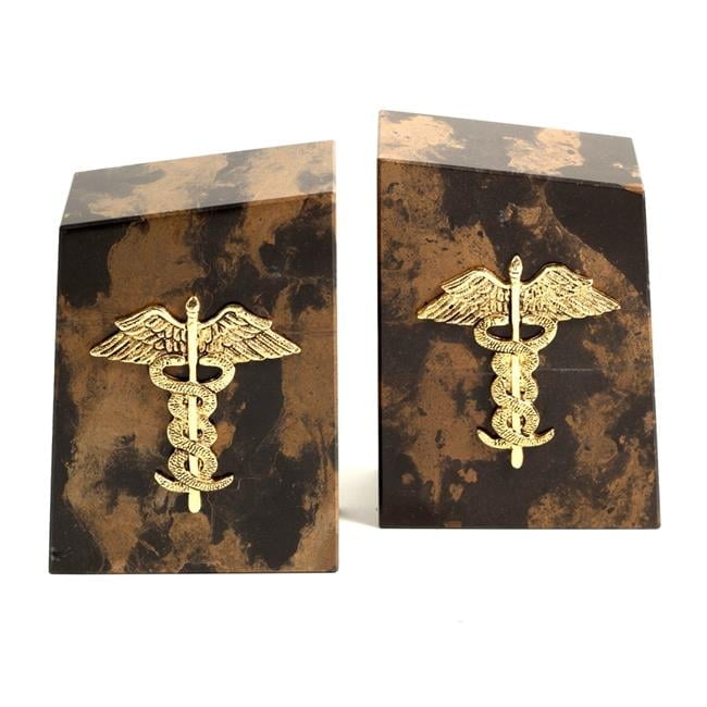 Cappuccino Marble Medical Bookends with Gold Caduceus Emblem