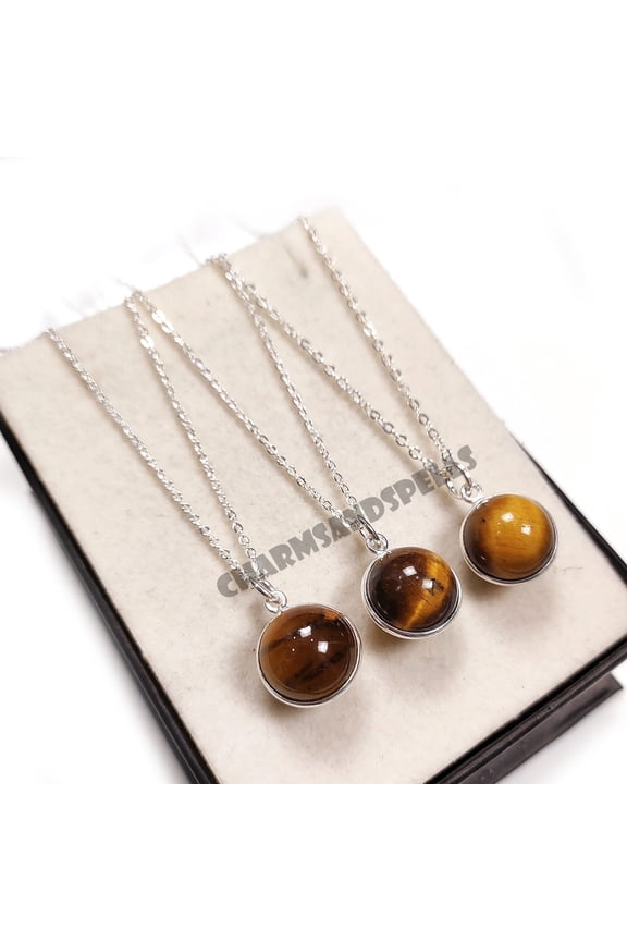 Tiger Eye Pendant for Men, 925 Sterling Silver, Healing Crystal Ball, Handmade Jewelry, Graduation Gifts