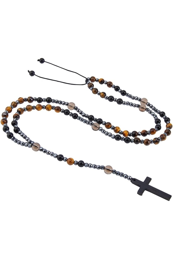 Tiger Eye Obsidian Glass Round Rosary Bead Necklaces 304 Stainless Steel Pendant Necklaces Gunmetal