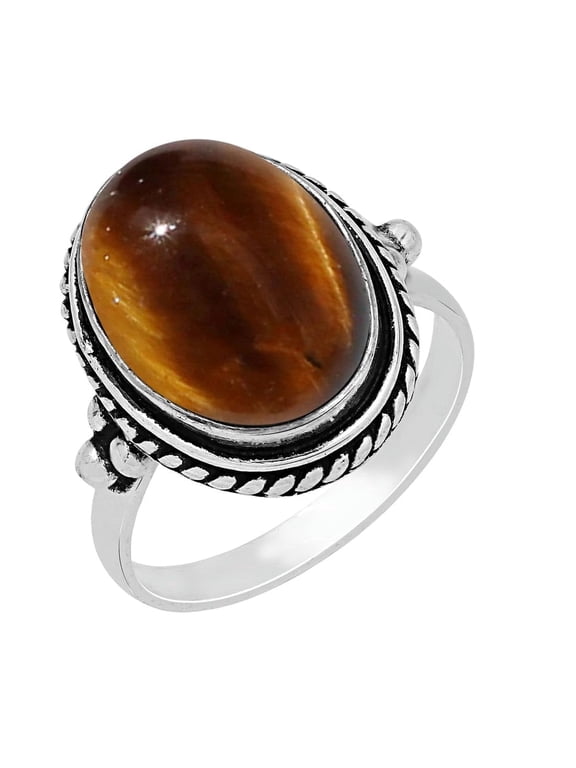 Tiger Eye Sterling Silver Plated Ring Size 6 For Women, Handmade Brown Stone June Bohemian Southwest Birthstone Ring Jewelry Mother's Day Christmas Gift For Her