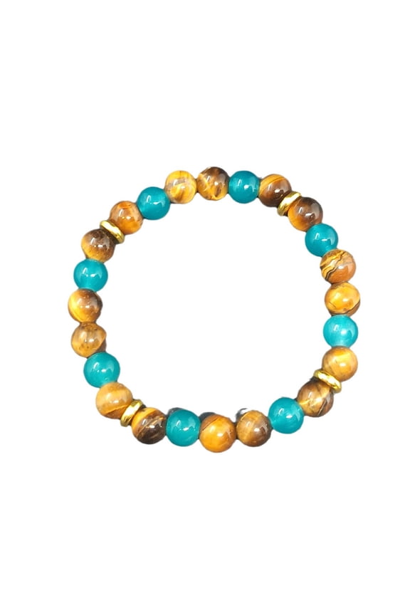 Tiger Eye Stone Bead Bracelet Semi Stone Jewelry Brown 12x9x1cm Gold and Dark Blue Contrast
