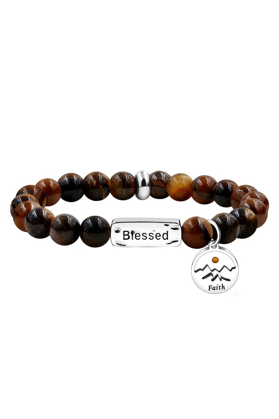 Tiger Eye Stone Blessed Bracelet Handmade Beaded Stretch Bracelets with Faith Mountain Mustard Seed Charm Y3799