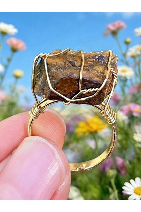 Tiger Eye Stone Handcrafted Wire-Wrapped Tiger Eye Raw Stone Ring