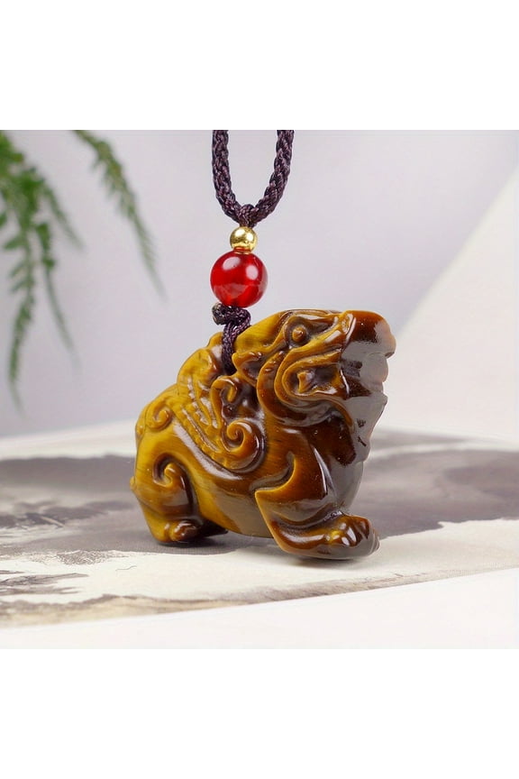 Tiger Eye Stone Lion Pendant Necklace - Handcrafted Raw Stone Bead with Red Bead Accent, Bold Statement Jewelry for Daily Wear & Unique Gift for Family & Friends,Silver,Natural Stone