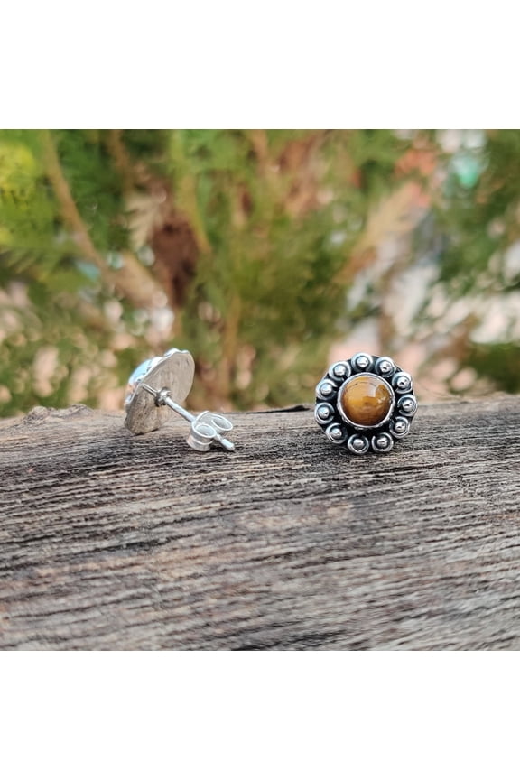 Tiger Eye Stud Earrings  925 Sterling Silver Natural Tigers Eye Gemstone Studs for Women & Men, Handmade Boho Floral Antique Style Jewelry Gift for Birthday, Anniversary
