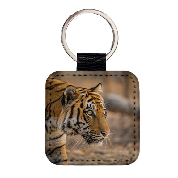 Tiger Eyes Close Up Faux Leather Square Keychain