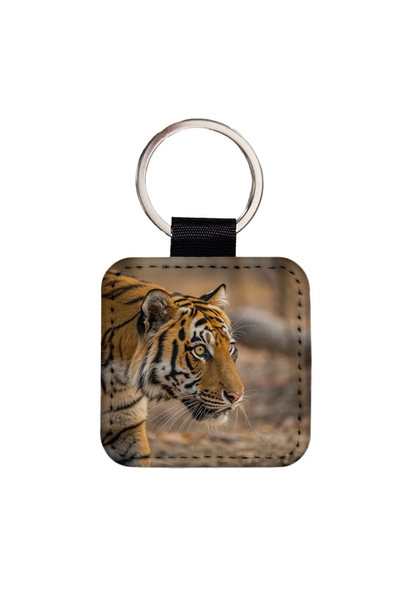 Tiger Eyes Close Up Faux Leather Square Keychain