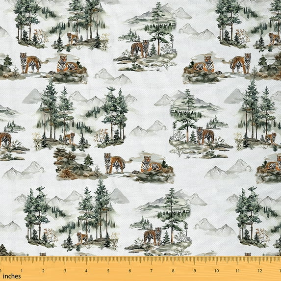 Tiger Fabric By The Yard,African Safair Animal Upholstery Fabric,Jungle Animals Decorative Fabric,Watercolor Pine Trees Mountain Indoor Outdoor Fabric for Quilting Sewing,1 Yard