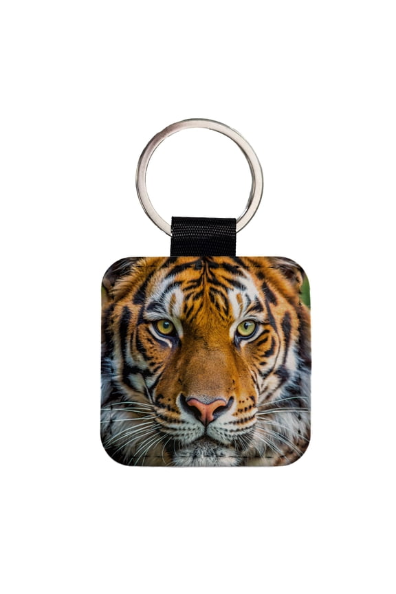 Tiger Face Faux Leather Square Keychain