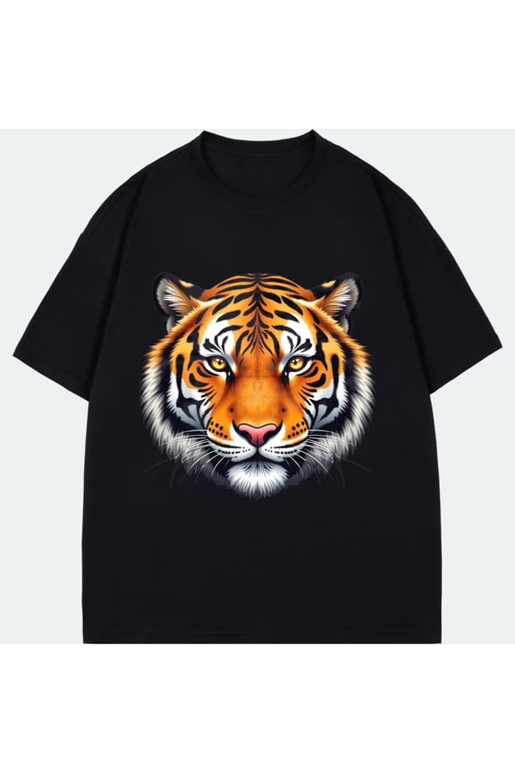 Tiger Face Print T Shirt Black Wild Animal Design For Casual Wear And Outdoor Activities