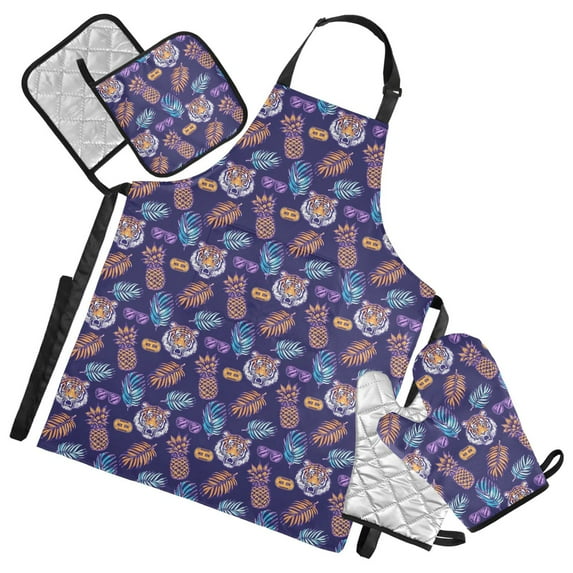 Tiger Face and Pineapple 5 Pcs Kitchen Set Heat Resistant Oven Mitts and Non-Slip Pot Holders with Adjustable Cooking Apron
