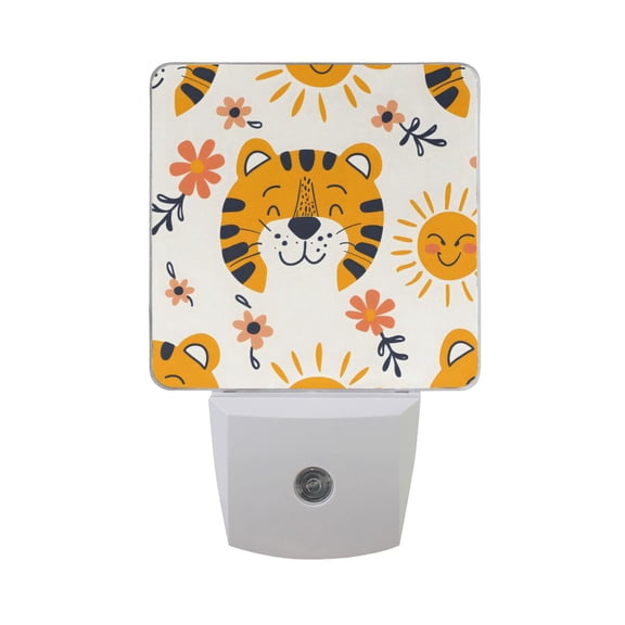 Tiger Face and Sun Night Light 2 Pack LED Nightlight Plug into Wall Dusk to Dawn Sensor Soft White