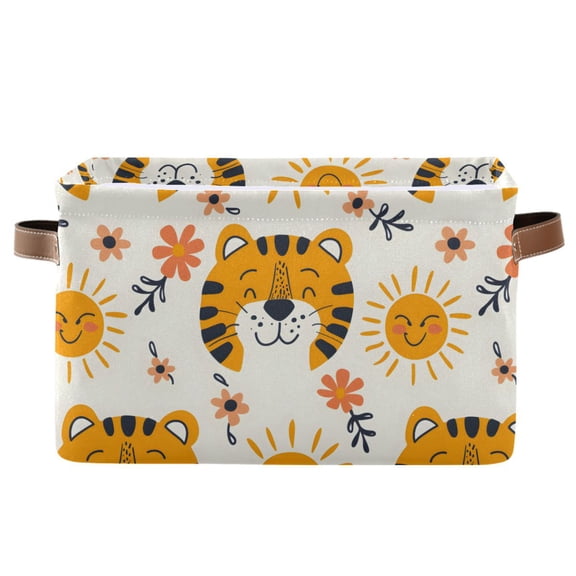 Tiger Face and Sun Storage Bins with Handle Fabric Organizer Basket Foldable Box 1 Pack 14.2x10.2x8.3