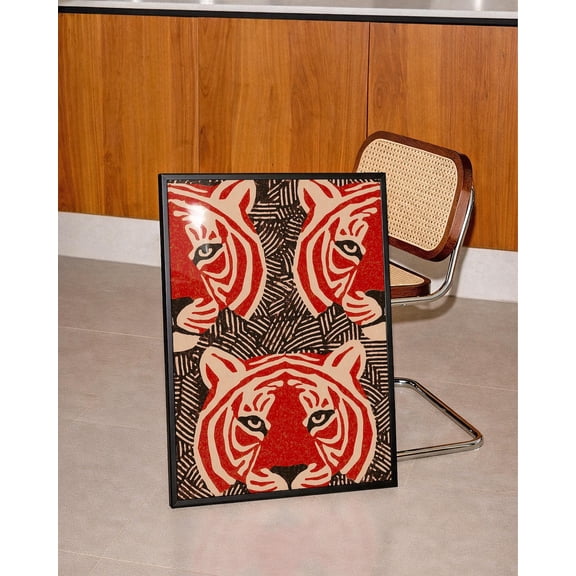 Tiger Faces Wall Art Print, Bold Red Retro Jungle Decor Unframed Paper Print