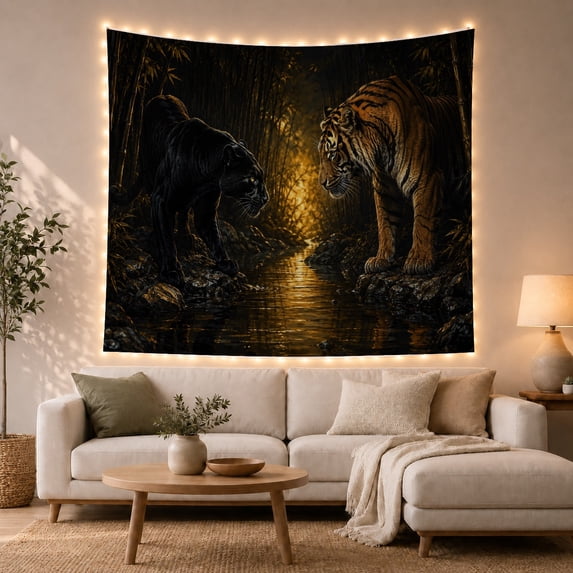 Tiger Facing a Black Cat Across a Bamboo Stream, Dramatic Digital Art for Wildlife Fans, Animal Decor, Housewarming Gift, Tapestry Wall Hanging for Living Room and Den