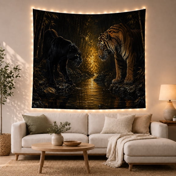 Tiger Facing a Black Cat Across a Bamboo Stream, Dramatic Digital Art for Wildlife Fans, Animal Decor, Housewarming Gift, Tapestry Wall Hanging for Living Room and Den
