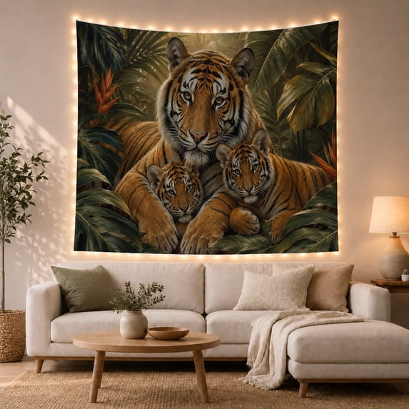 Tiger Family Among Dark Green Leaves, Serene Illustration for Animal Lovers, Wildlife Wall Art, Mother'S Day Gift, Tapestry Wall Hanging for Bedroom and Living Room