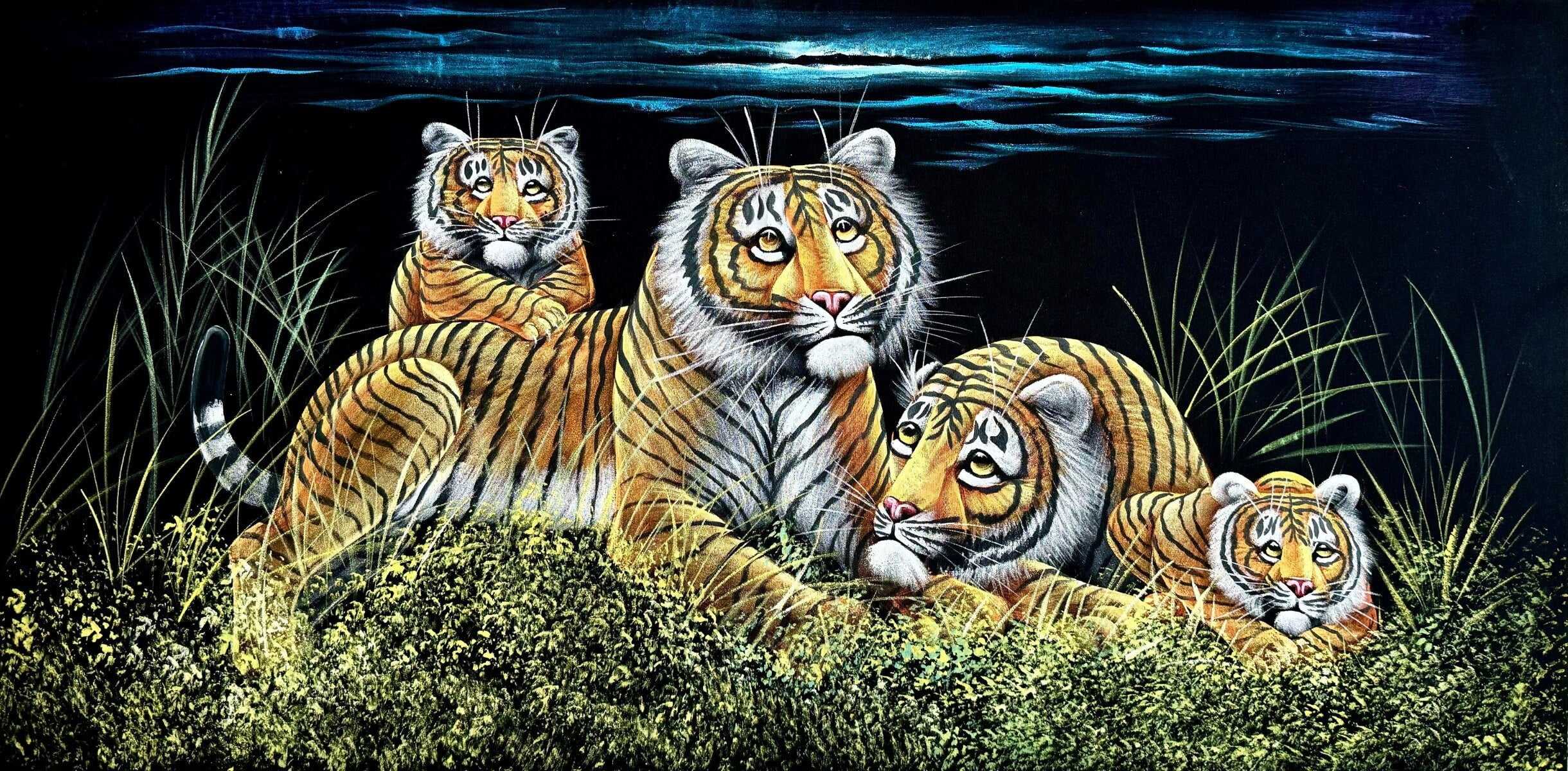 Tiger Family in the Wild Handmade Velvet Painting (122x60 cm) | Fabric Painting | Big Wall Art | Home Decor