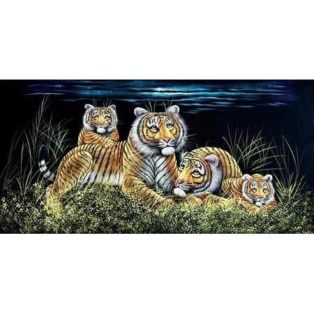 Tiger Family in the Wild Handmade Velvet Painting (122x60 cm) | Fabric Painting | Big Wall Art | Home Decor