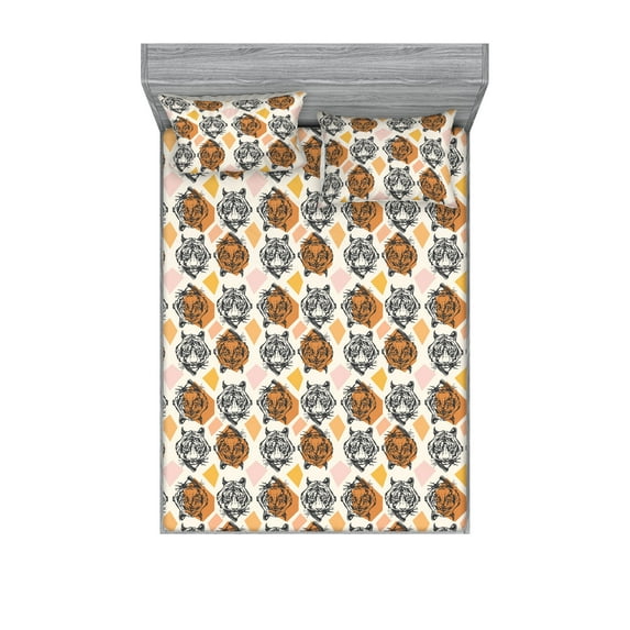 Tiger Fitted Sheet & Pillow Sham Set, Exotic Wild Big Cat Heads and Pastel Colored Geometric Shapes Modern Animal, Decorative Printed 3 Piece Bedding Decor, Queen, Ivory Orange Rose, by Ambesonne