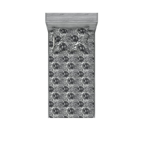 Tiger Fitted Sheet & Pillow Sham Set, Head of a Wild Big Cat Savage Creature Monochrome Animal Print Backdrop, Decorative Printed 2 Piece Bedding Decor, Twin, Charcoal Grey and White, by Ambesonne