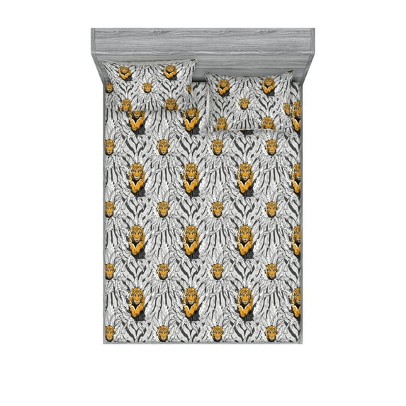 Tiger Fitted Sheet & Pillow Sham Set, Tiger Jumping Wild Life Animal Africa Savannah Floral Ornament Artwork, Decorative Printed 3 Piece Bedding Decor, Calking, Grey and Pale Orange, by Ambesonne