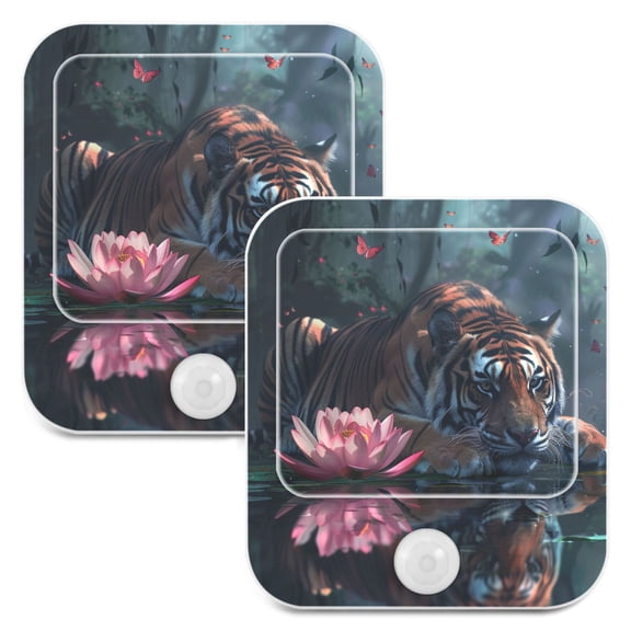 Tiger Flower in Forest 2 Pack LED Motion Sensor Night Light Plug into Wall Auto Dusk to Dawn Adjustable Brightness for Kids Bedroom Hallway Nursery Room