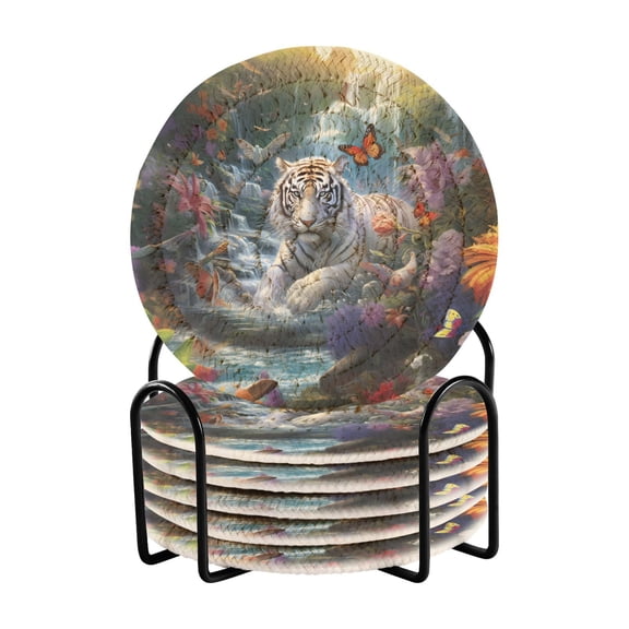 Tiger Flowers Butterflies Waterfall 6 Pcs Drink Coasters with Holder Absorbent Coasters Woven Coasters for Drinks Table Desk Protection Home Decor
