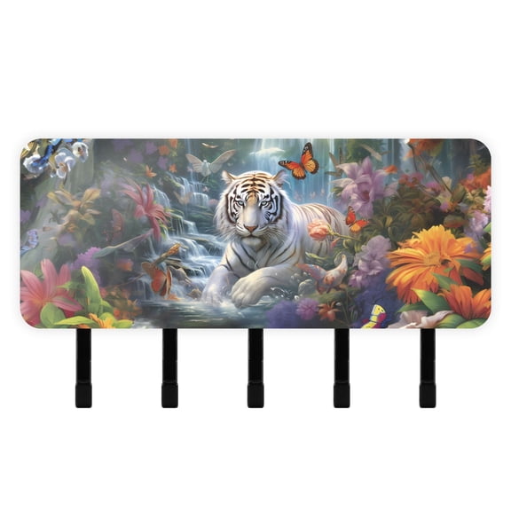 Tiger Flowers Butterflies Waterfall Mail Holder Organizer Wall Mount with Shelf Key Holder Key Rack with 5 Key Hooks for Wall Decorative