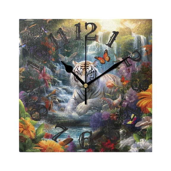 Tiger Flowers Butterflies Waterfall Wall Clock Square Silent Non Ticking Battery Operated Clock for Home Bathroom Kitchen Bedroom Living Room