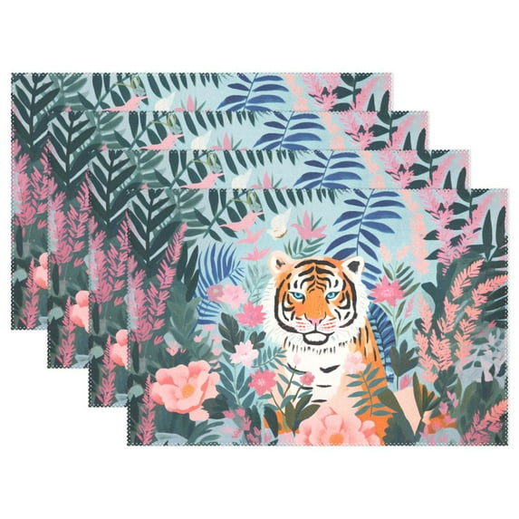 Tiger Flowers Leaves 12×18 inch Placemats Heat Resistant Washable Foldable Rectangular Placemats Set Decoration Indoor Outdoor for Kitchen Dining Table 6PCs