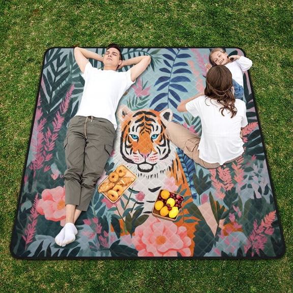 Tiger Flowers Leaves Beach Blanket Outdoor Picnic Blanket 78"x 78" Waterproof Foldable for Beach Camping Travel Hiking Grass Lawn Park