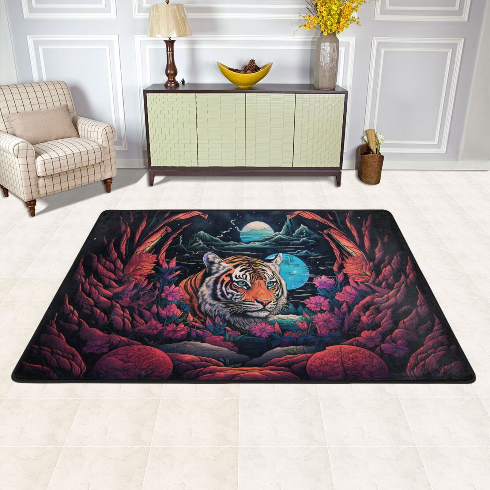 Tiger Flowers Mountains Area Rug Washable 72 x 48 Floor Carpet Mat Non ...