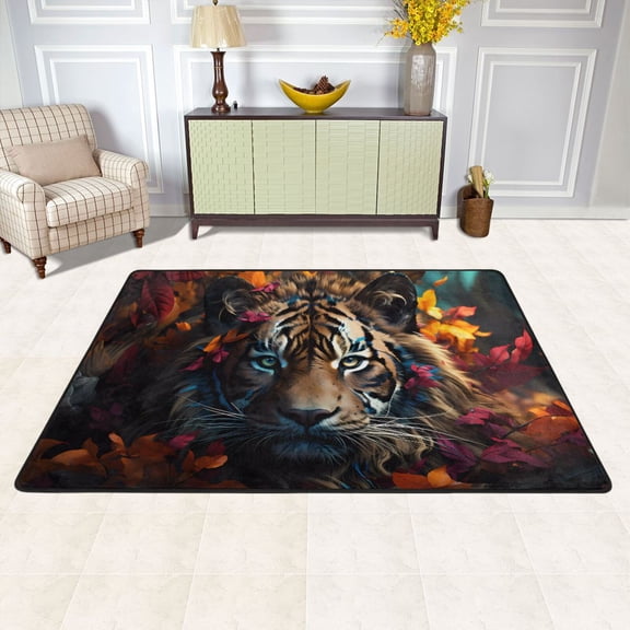 Tiger Flowers Orange Area Rug Washable 72 x 48 Floor Carpet Mat Non Slip for Bedroom Living Room Kids Room Home Decor