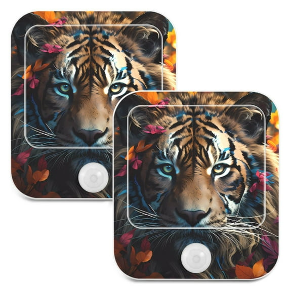 Tiger Flowers Orange Night Lights Plug into Wall LED with Auto Light Sensor Warm Light for Kids Hallway Bedroom Living Room Kitchen Bathroom Set of 2