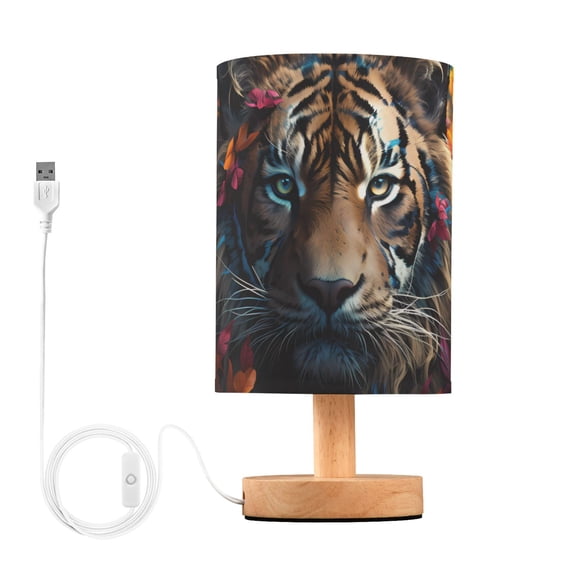 Tiger Flowers Orange Table Lamp USB Bedside Desk Nightstand Lamp Printed Gifts Small Lamp Wood Base for Bedroom Living Room Kids Room College Dorm