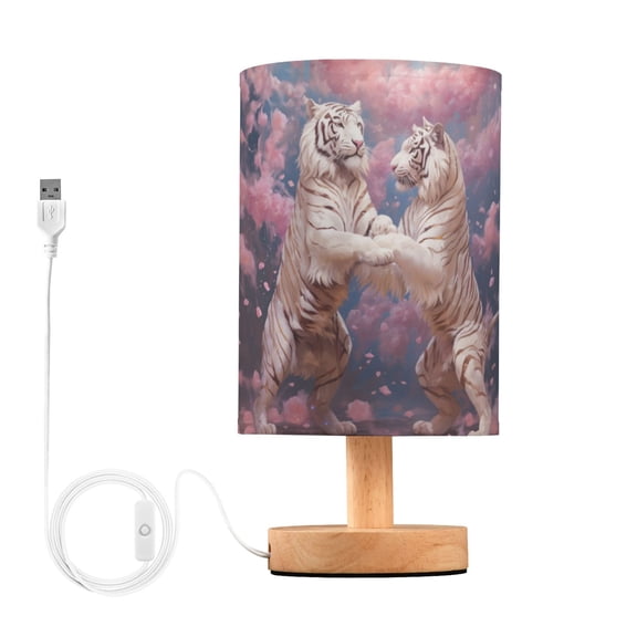 Tiger Flowers Table Lamp USB Bedside Desk Nightstand Lamp Printed Gifts Small Lamp Wood Base for Bedroom Living Room Kids Room College Dorm