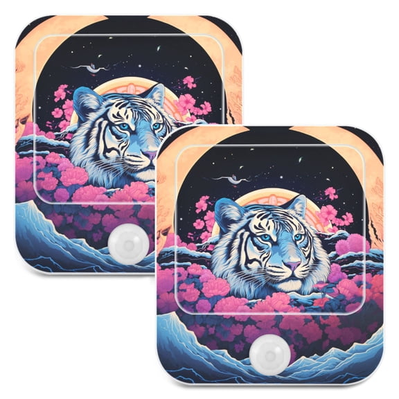 Tiger Flowers Wheet Mountains Night Lights Plug into Wall LED with Auto Light Sensor Warm Light for Kids Hallway Bedroom Living Room Kitchen Bathroom Set of 2
