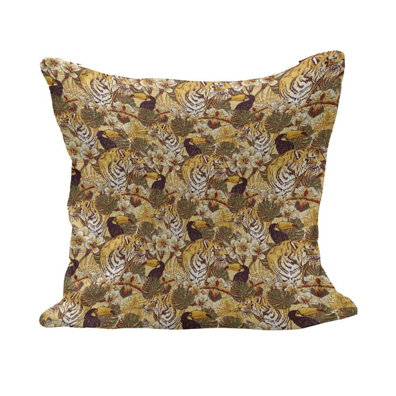Tiger Fluffy Throw Pillow Cushion Cover, Tropical Animals of Bengal and Toucan Harmonious Nature, Decorative Square Accent Pillow Case, 28" x 28", Earth Yellow Dark Blue, by Ambesonne