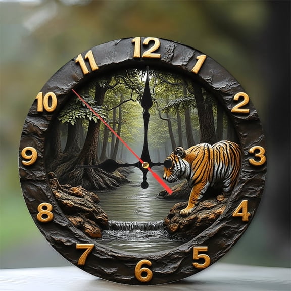 Tiger Forest Stream Wall Clock 10-Inch Silent Wooden Wall Clock, Battery Operated (AA Batteries Not Included), Artistic Home Decor
