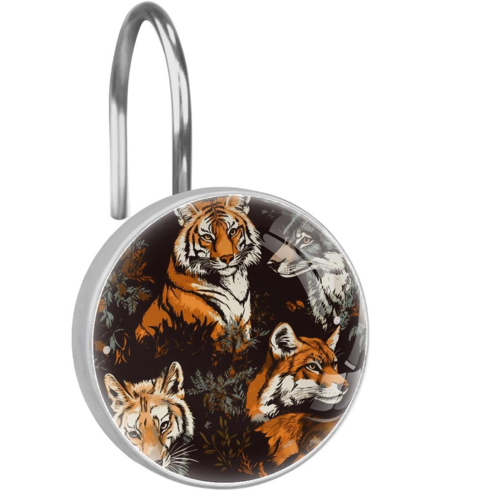 Tiger Fox Wolf Shower Curtain Hooks Round Crystal Glass, Set of 12 Shower Curtain Rings - Shower Hooks for Curtain Shower Rings